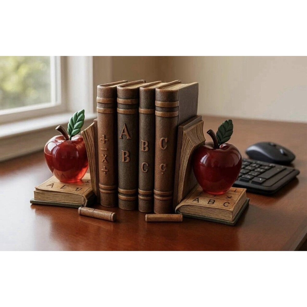 Vintage Resin Bookends School Apple and Books Design Decorative Set of 2